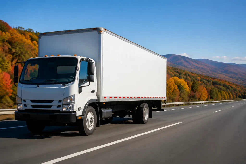 Camion en route pour un service de déménagement Québec longue distance entre Montréal et Québec