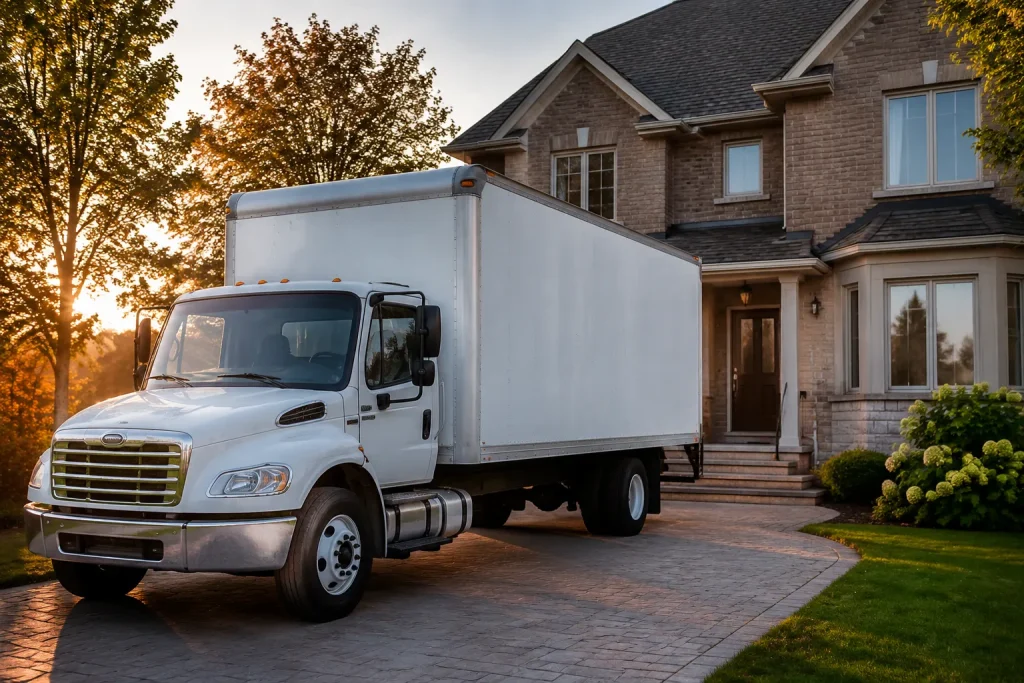 Camion cube blanc d'un service de déménagement Québec stationné devant une maison résidentielle
