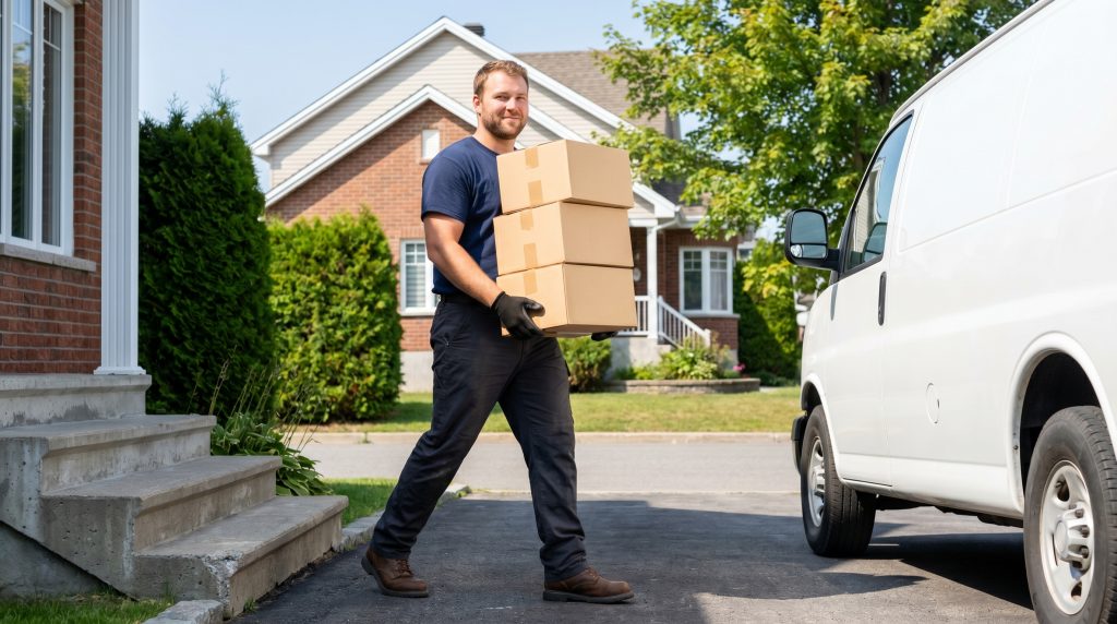 Aide au déménagement : transport de boîtes vers une fourgonnette
