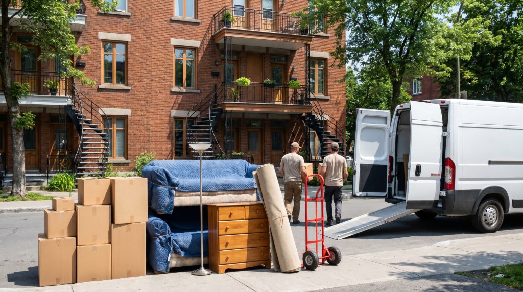 Le 1er juillet au Québec : déménagement devant un triplex montréalais