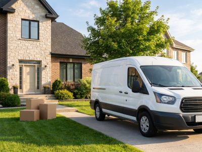 Camionnette utilitaire blanche devant une maison au Québec par une journée ensoleillée