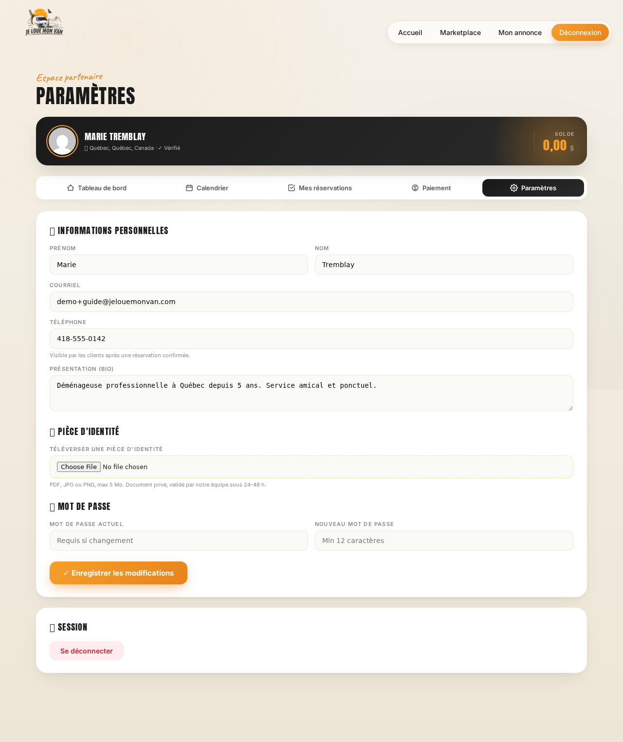 Paramètres partenaire desktop