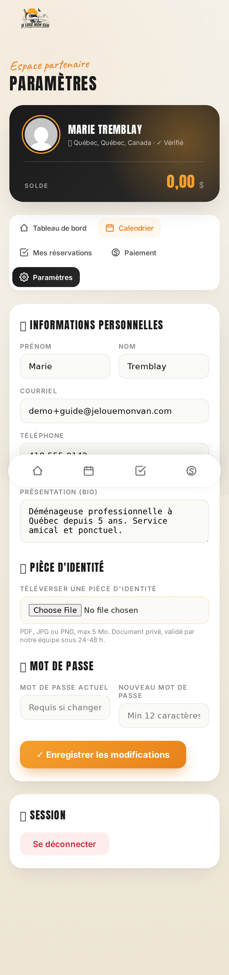 Paramètres partenaire mobile